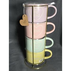 NWT Eccolo Set of 4 Stackable Mugs with Gold Rack White Hearts & Letters Pastel